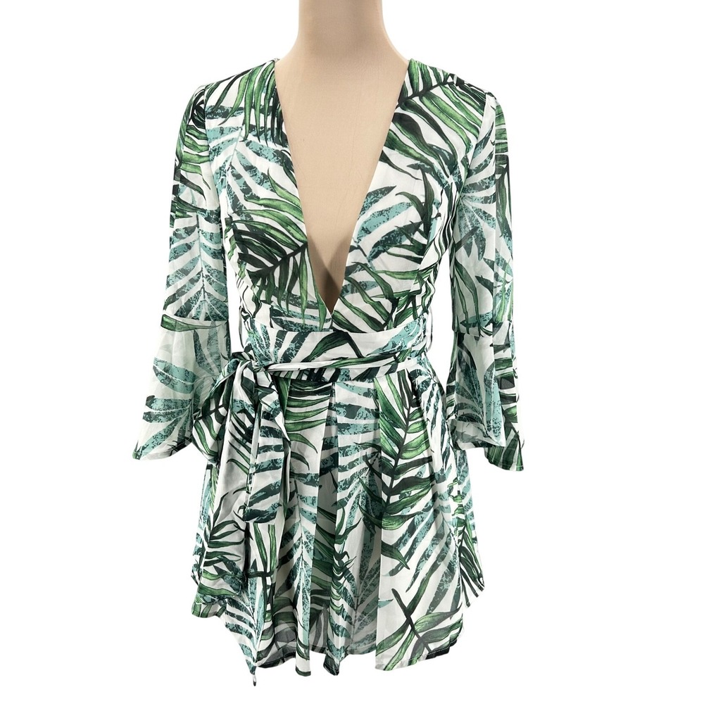 Fashion Nova Women XS Palm Print Romper Green White Tropical Plunge Bell Sleeve